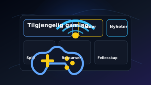 Illustrasjon av en tilgjengelig gaminghub med seksjoner for spill, ressurser, nyheter og fellesskap, samt en spillkontroller og signalikon.
